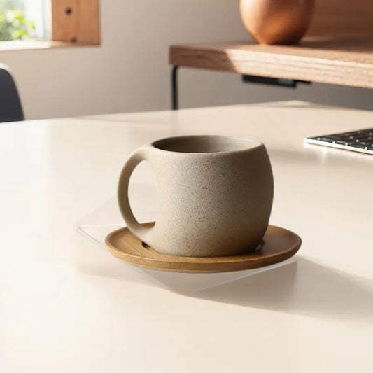 ClayHaven – Keramik Kaffeetasse Mit Holz Untertasse