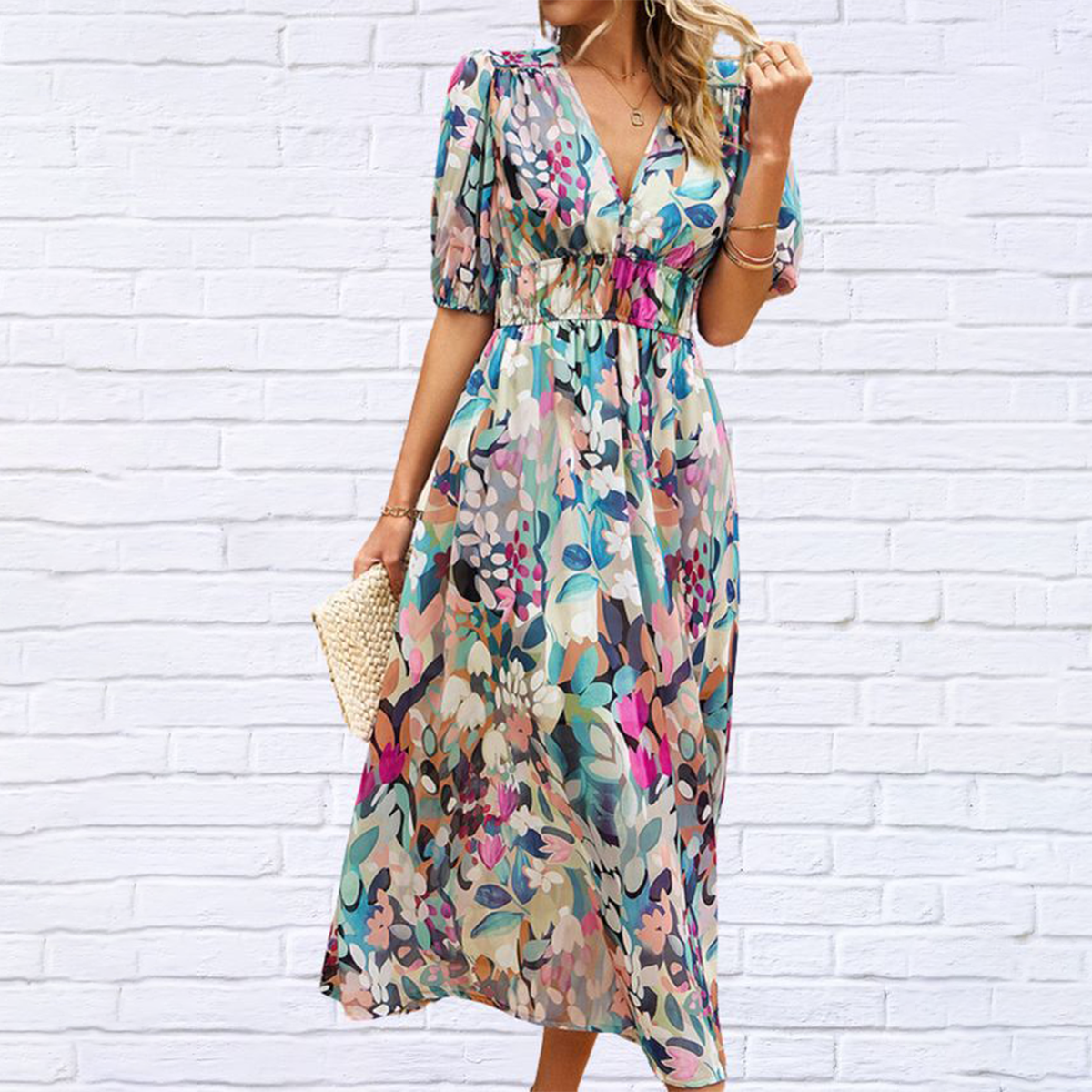 Floraglanz Kurzarmkleid