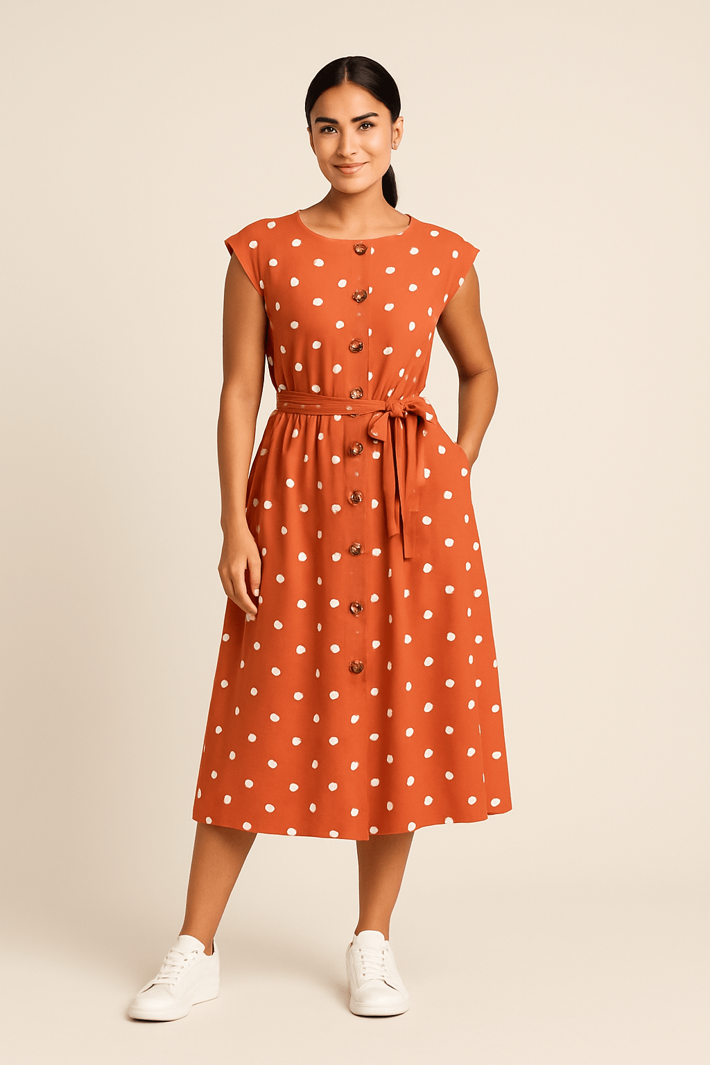 HERBERGER | Damen Midikleid mit Punktemuster und Bindegürtel