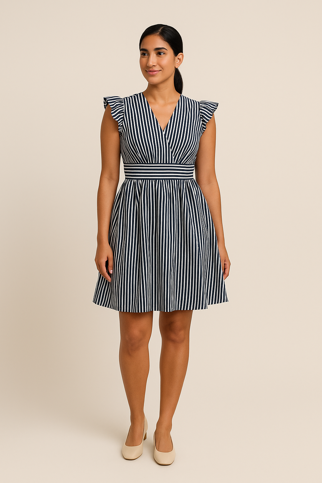 HERBERGER | Damen Gestreiftes Midikleid mit Volantärmeln luftig & leicht